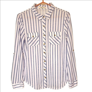 PASSPORT BUTTON DOWN SHIRT NAUTICAL STRIPED WHITE BLUE LONG SLEEVES WOMENS